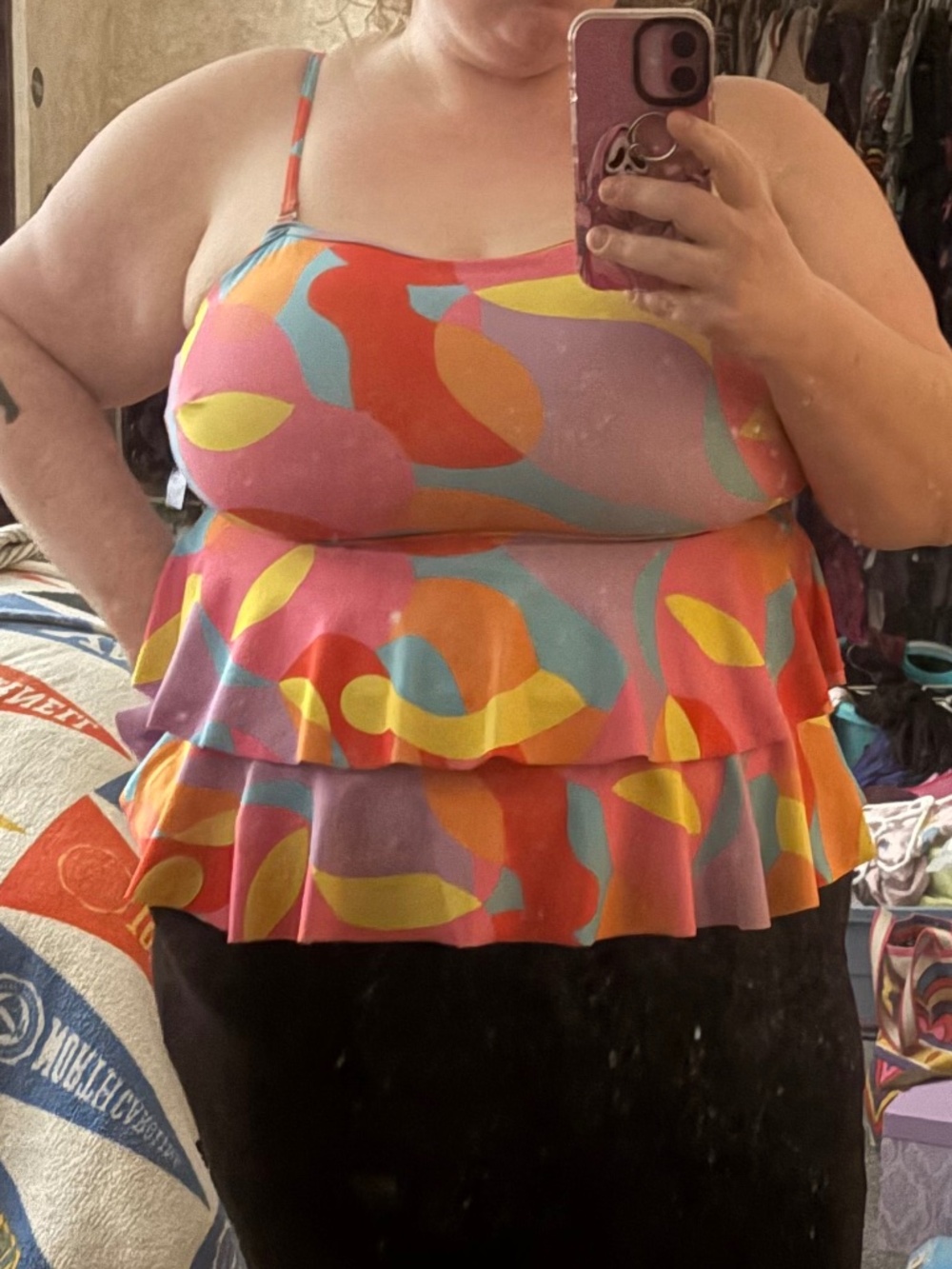 Colorful Tiered Ruffle Swim Top - Pink Multi